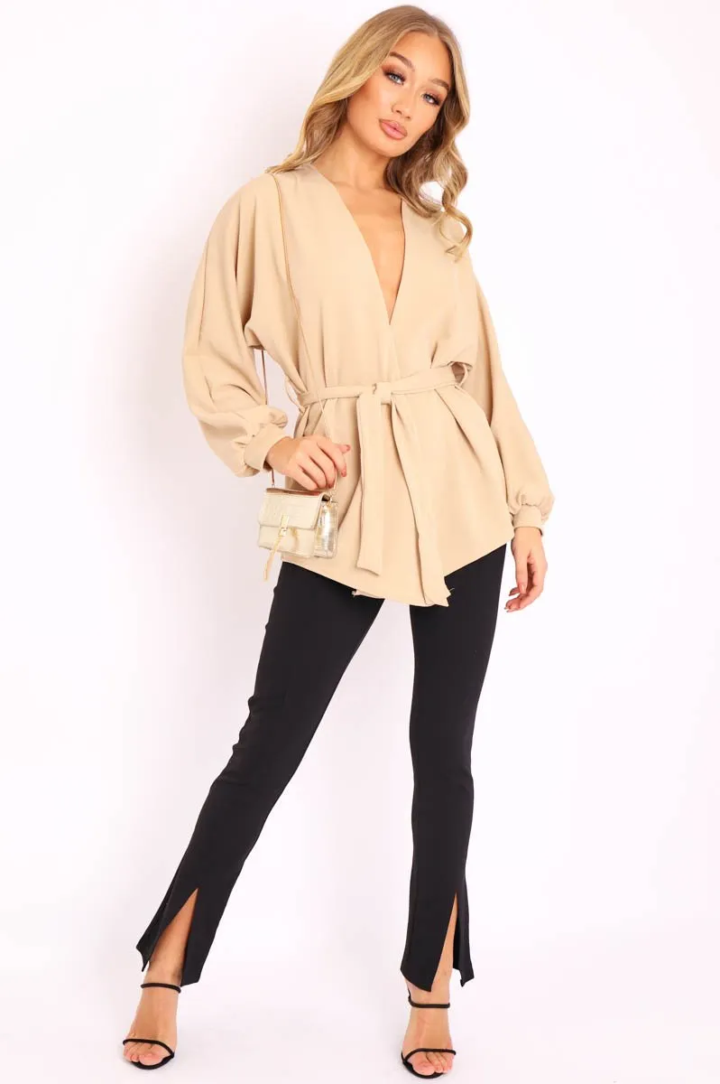 Beige Plunge Belted Blouse - Goldie