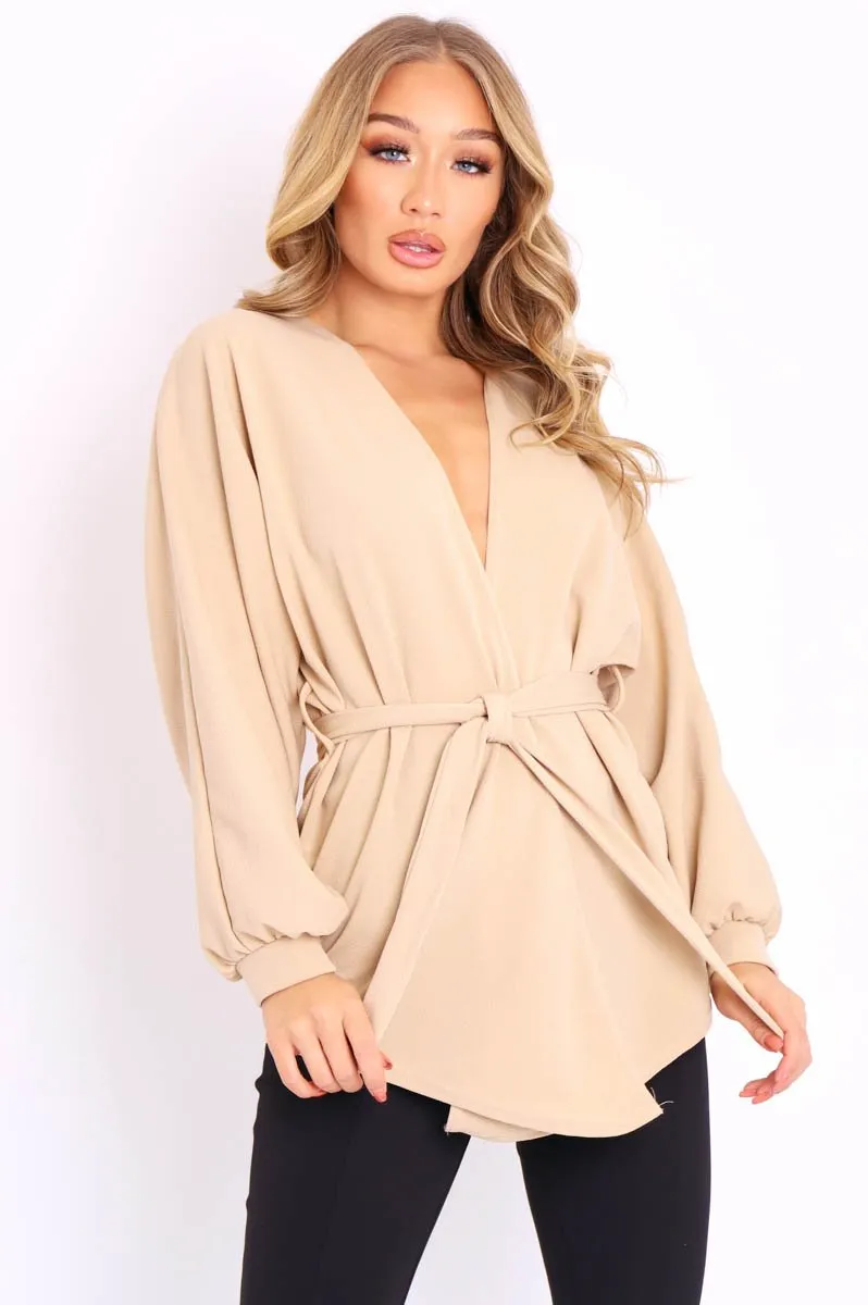 Beige Plunge Belted Blouse - Goldie