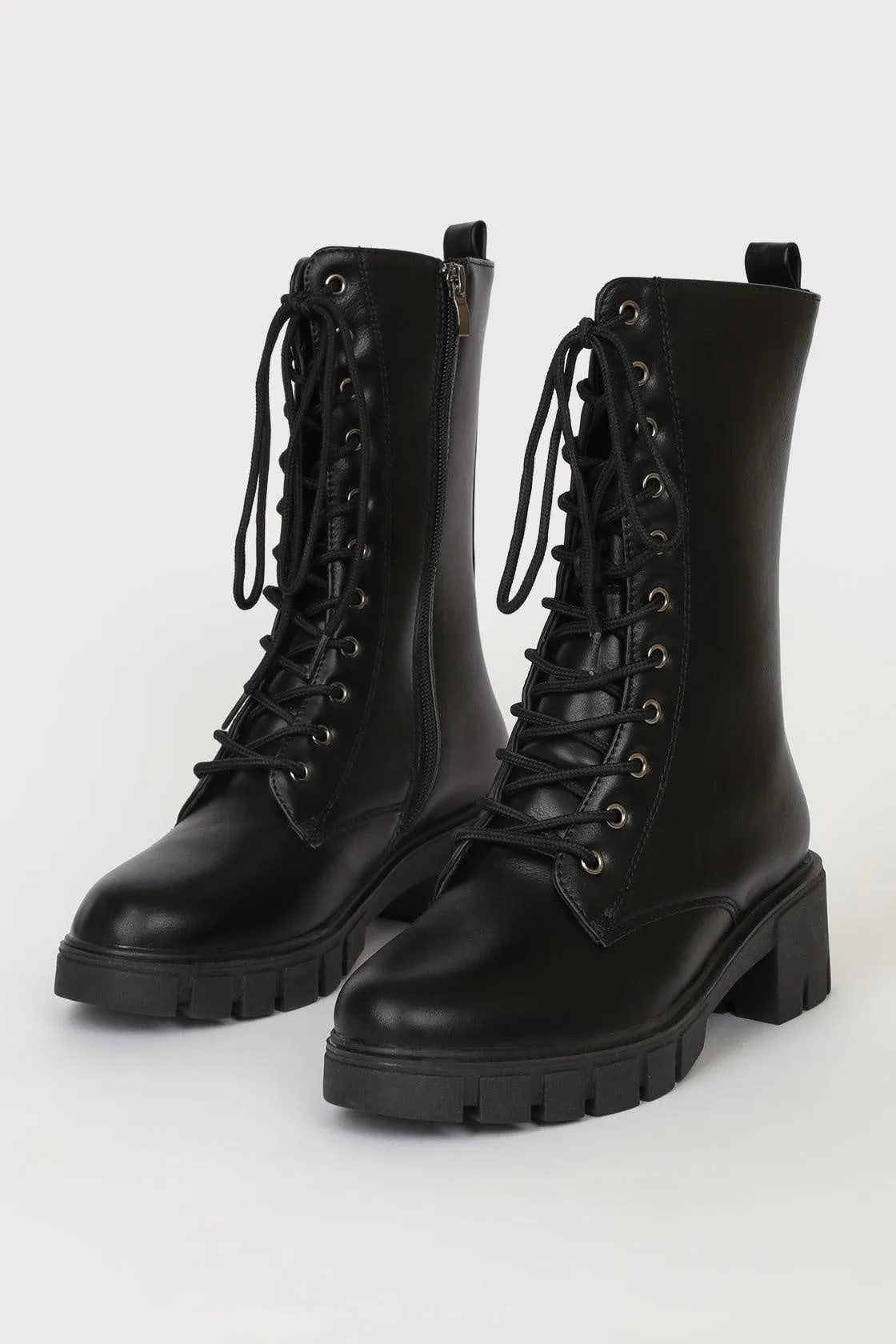 Block Heel Lace Up Black Military Boots