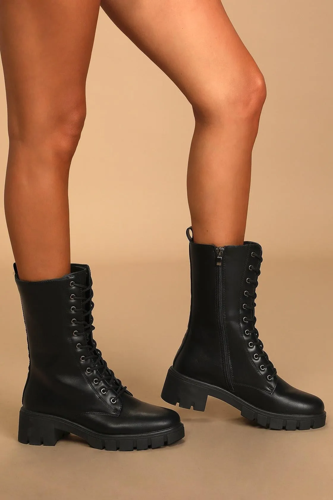 Block Heel Lace Up Black Military Boots