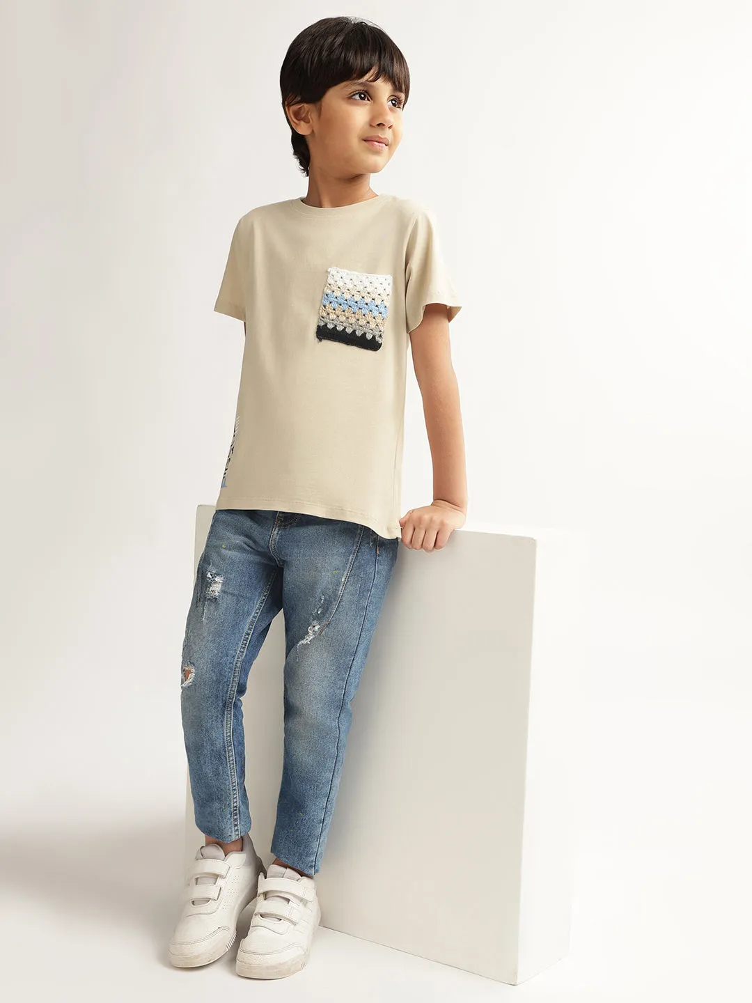 Blue Giraffe Boys Beige Solid Round Neck Short Sleeves T-Shirt