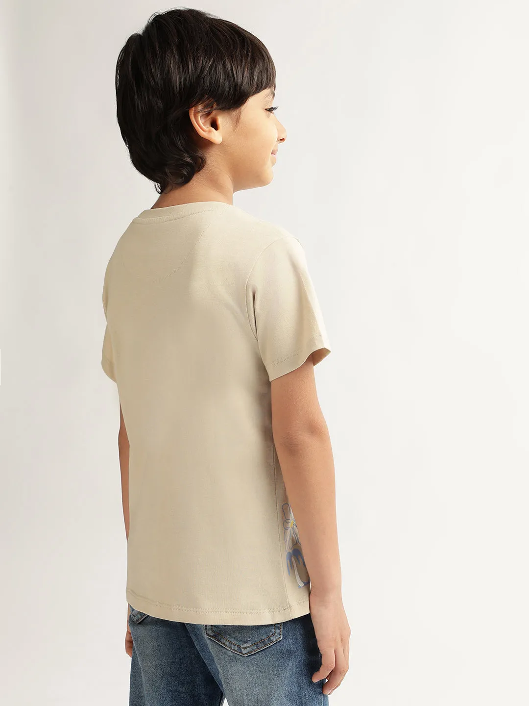 Blue Giraffe Boys Beige Solid Round Neck Short Sleeves T-Shirt