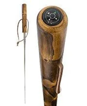 Brown Natural Chestnut Wood Sword-Gadget Hiking Staff w/ Compass