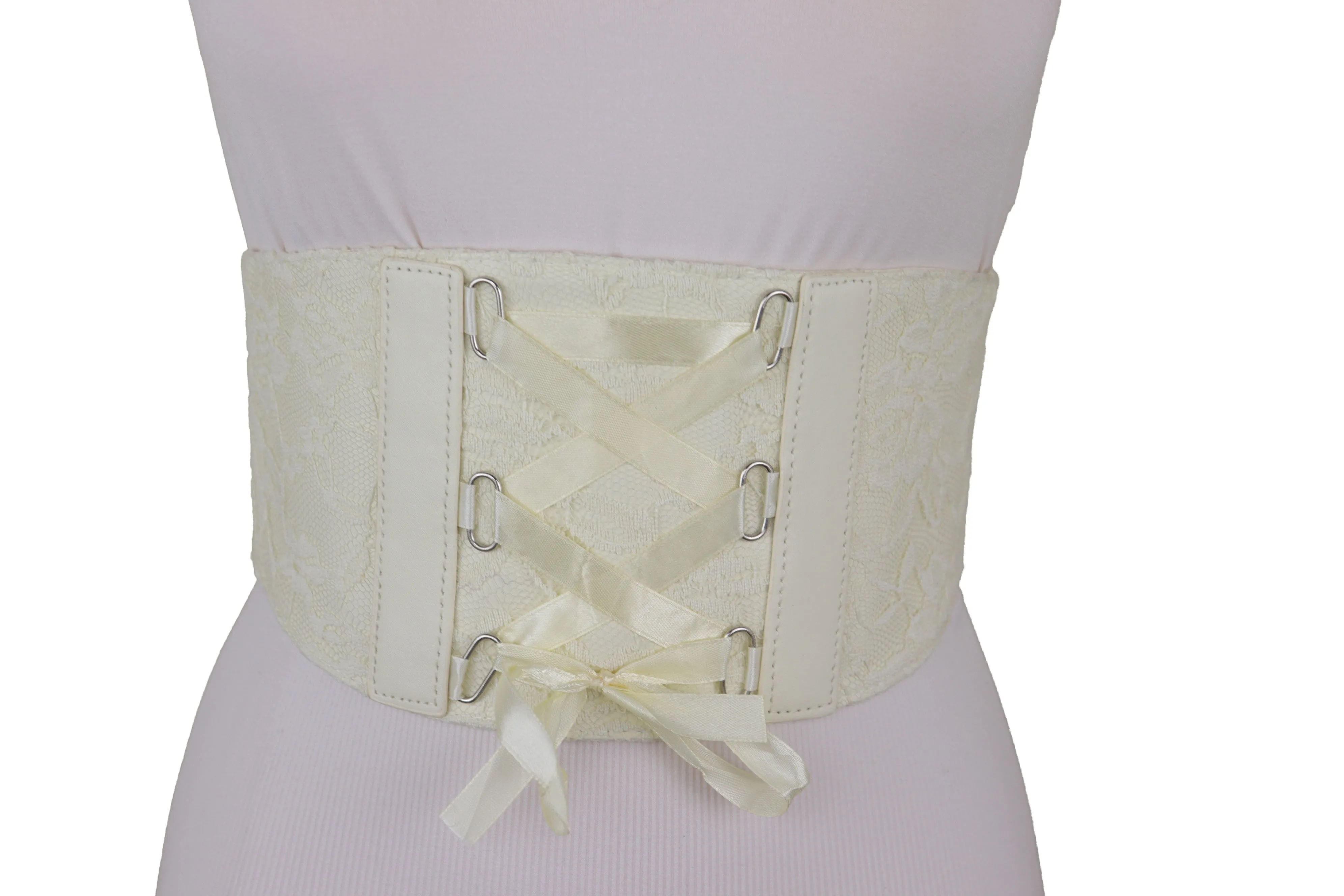 Elegant Fashion Cream Wide Elastic Tie Floral Lace Corset Belt Size S M