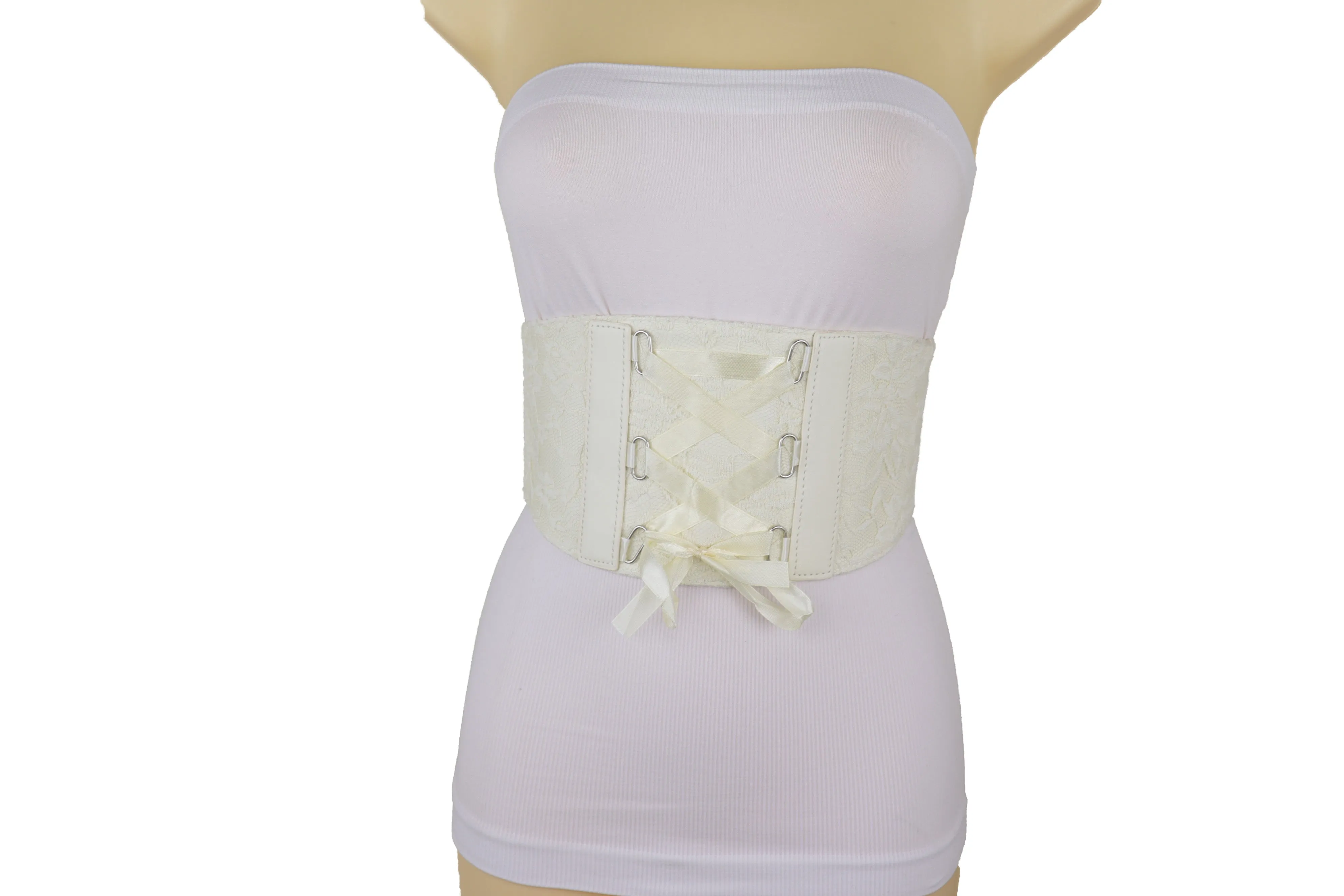 Elegant Fashion Cream Wide Elastic Tie Floral Lace Corset Belt Size S M