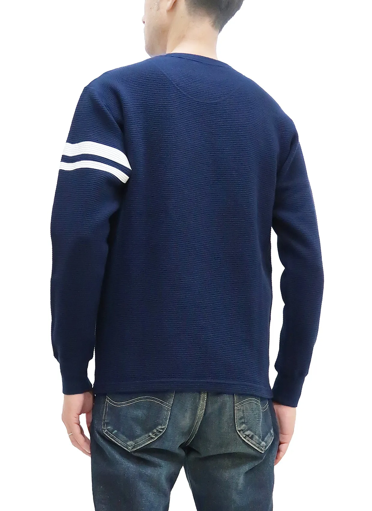 Momotaro Jeans Waffle Shirt Men's Long Sleeve Waffle-Knit Thermal T-Shirt with Stripe MZTS0079 Navy-Blue