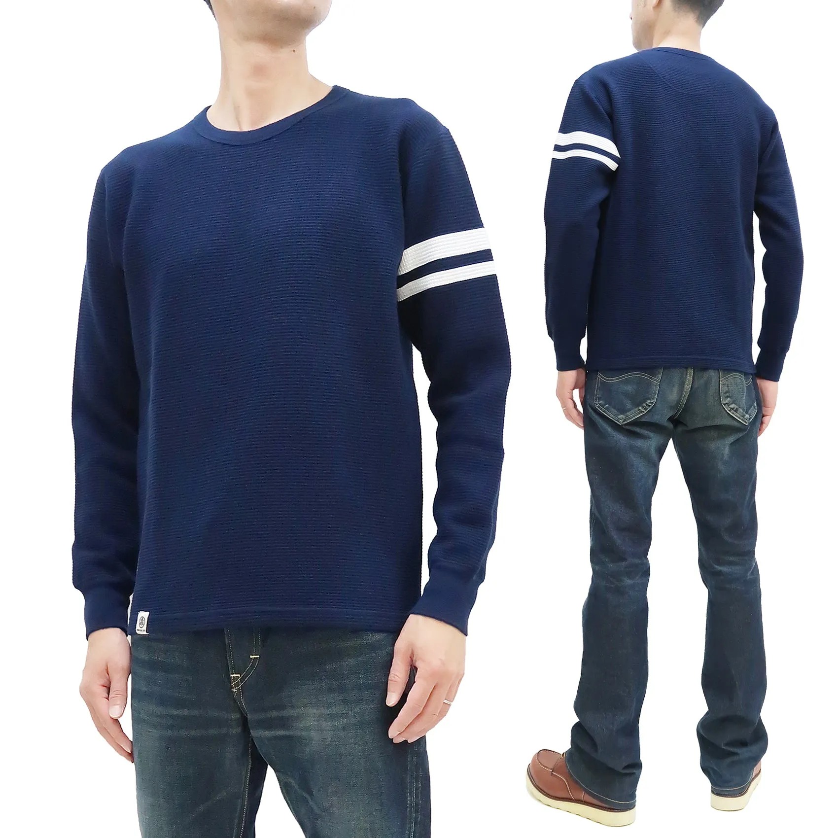 Momotaro Jeans Waffle Shirt Men's Long Sleeve Waffle-Knit Thermal T-Shirt with Stripe MZTS0079 Navy-Blue