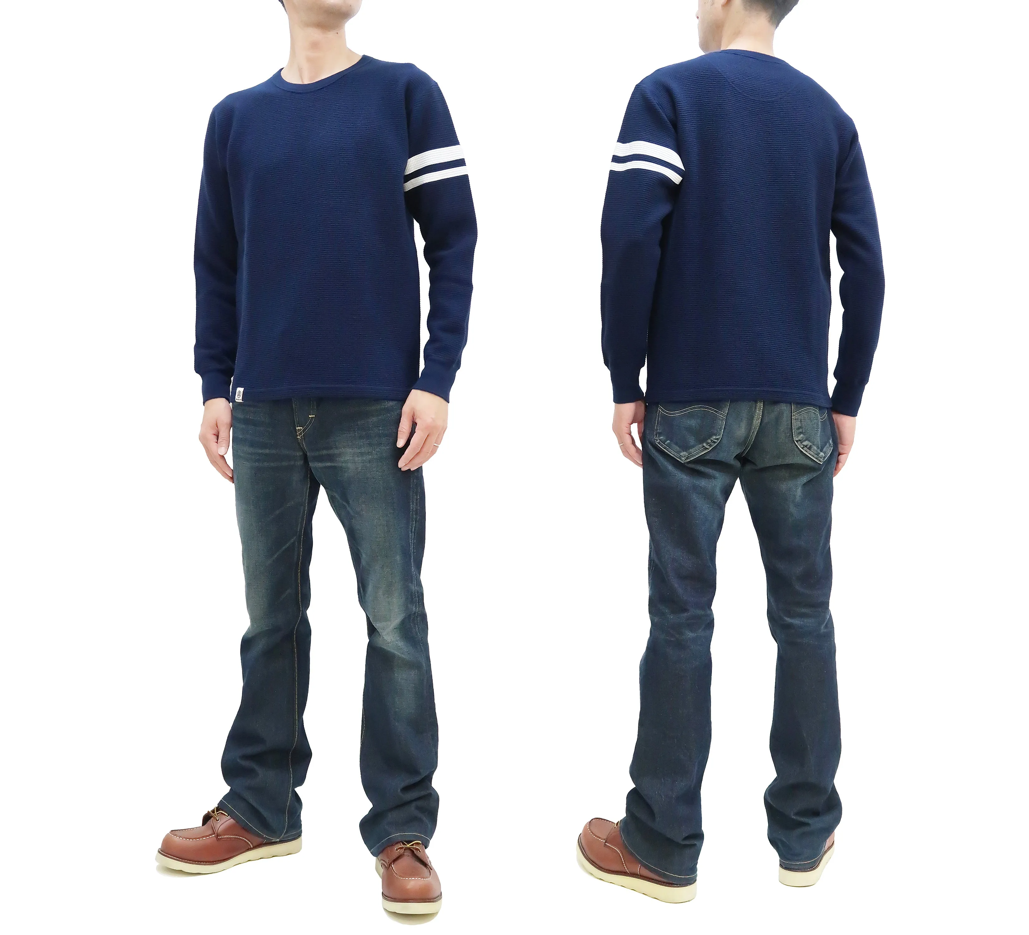 Momotaro Jeans Waffle Shirt Men's Long Sleeve Waffle-Knit Thermal T-Shirt with Stripe MZTS0079 Navy-Blue