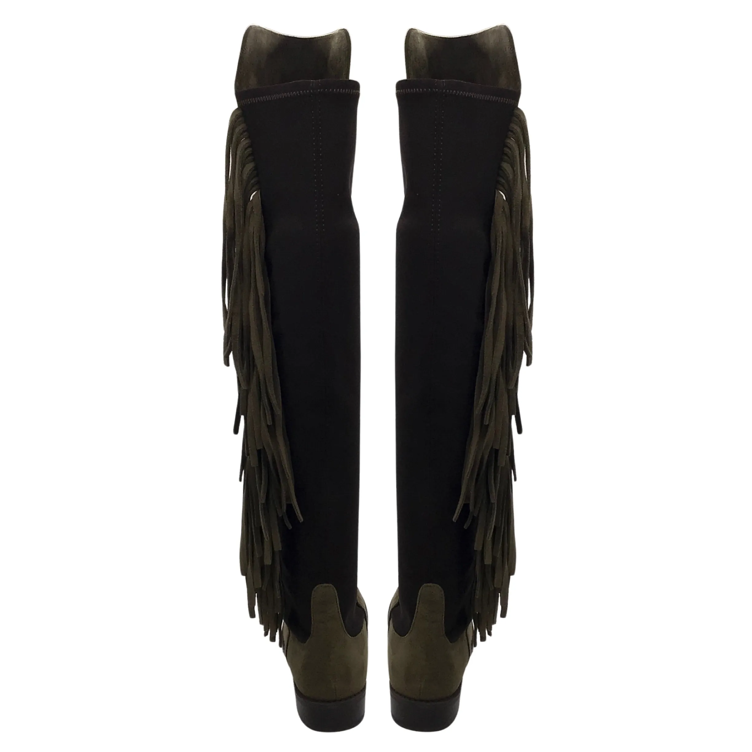 Stuart Weitzman Olive Green / Black Fringed Pull-On Knee-High Suede Leather Boots