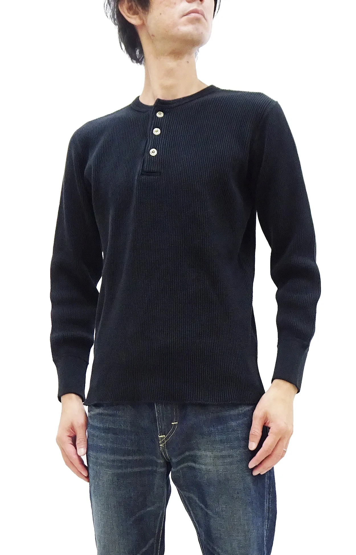 Studio D'artisan Waffle-Knit Thermal Henley T-Shirt Men's Casual Long Sleeve Plain 3-Button Placket Heavyweight Thermal Tee 9937 Black